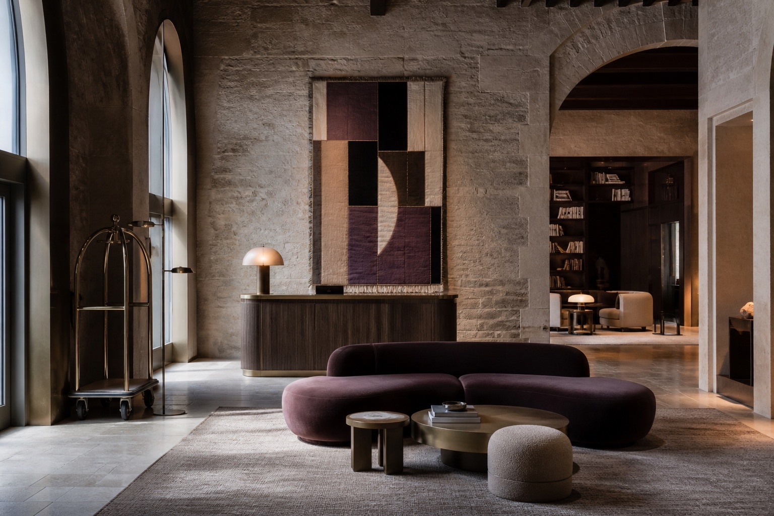 Limestone arrival lobby at Takeon Label Hotel