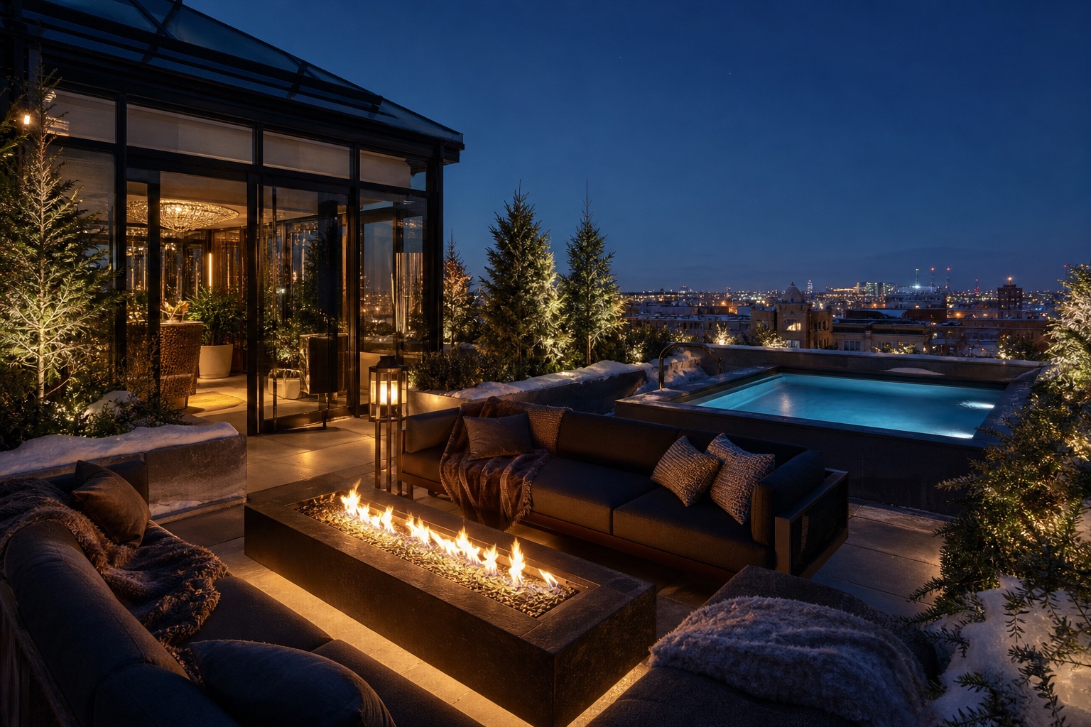 Rooftop winter terrace at dusk